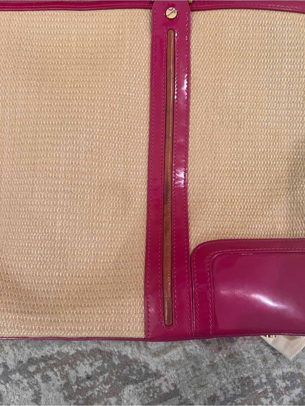 Tory Burch Straw Tote with Fuchsia Patent Trim and Gold Logo - Picture 11 of 12